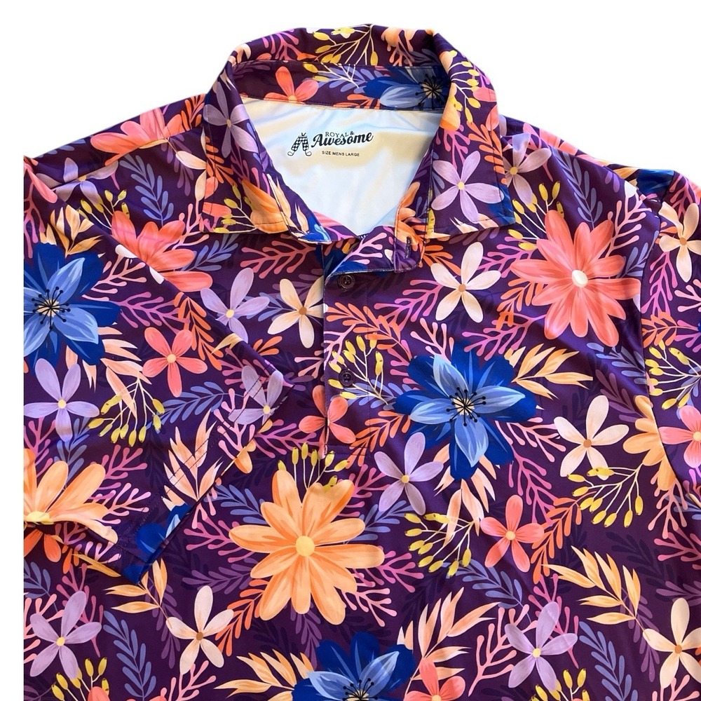 Royal and Awesome Men's Purple Paradise Golf Polo Shirt Floral‎ Golf Top Large